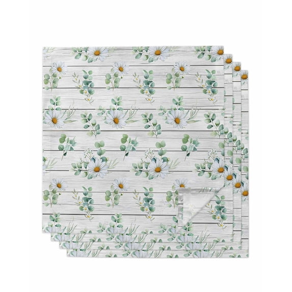 Daisy Cloth Napkins Set of 4 Reusable Dinner Napkins, Spring Floral Eucalyptus Leaves Botanical Gray Wood Cocktail Napkin Washable Table Napkins for Wedding/Holiday Party/Baby Shower 20"x20"