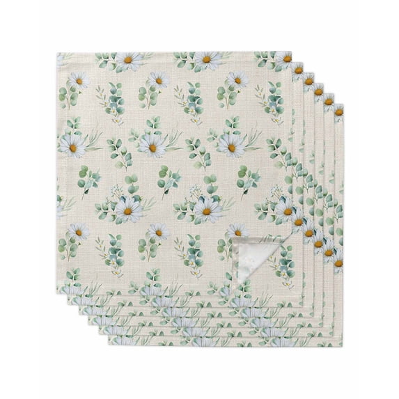 Daisy Cloth Napkins Set of 6 Reusable Dinner Napkins, Spring Flowers Eucalyptus Leaves Botanical Beige Cocktail Napkin Washable Table Napkins for Wedding/Holiday Party/Baby Shower 20"x20"