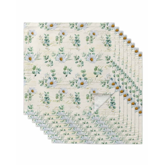 Daisy Cloth Napkins Set of 8 Reusable Dinner Napkins, Spring Floral Eucalyptus Leaves Botanical Beige Cocktail Napkin Washable Table Napkins for Wedding/Holiday Party/Baby Shower 20"x20"