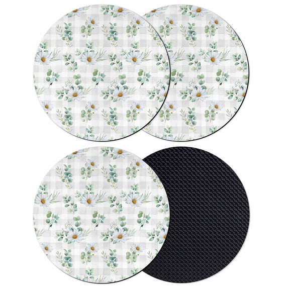 Daisy Coasters Set of 4, Absorbent Coasters for Drinks, Spring Eucalyptus Leaves Flowers Botanical Gray Plaid Coaster for Desk Coffee Table Protection, Home Decor House Warming Gifts 4"