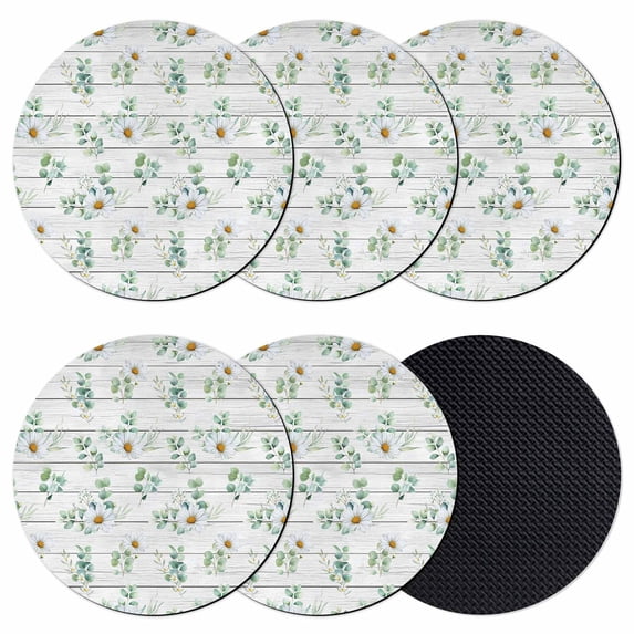 Daisy Coasters Set of 6, Absorbent Coasters for Drinks, Spring Floral Eucalyptus Leaves Botanical Gray Wood Coaster for Desk Coffee Table Protection, Home Decor House Warming Gifts 4"
