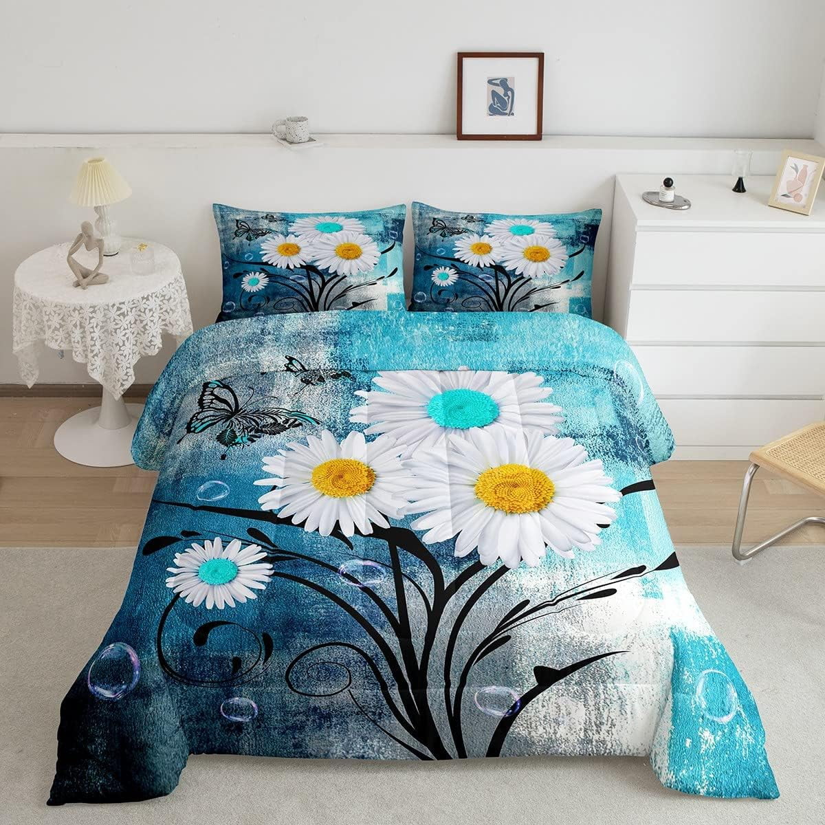 Daisy Comforter Set for Kids Adult,Teal Oil Painting Bedding Set Full Size,Rustic Butterfly