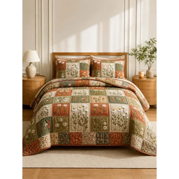 Daisy Cottage Garden Quilted 3-Piece Bedding Set
