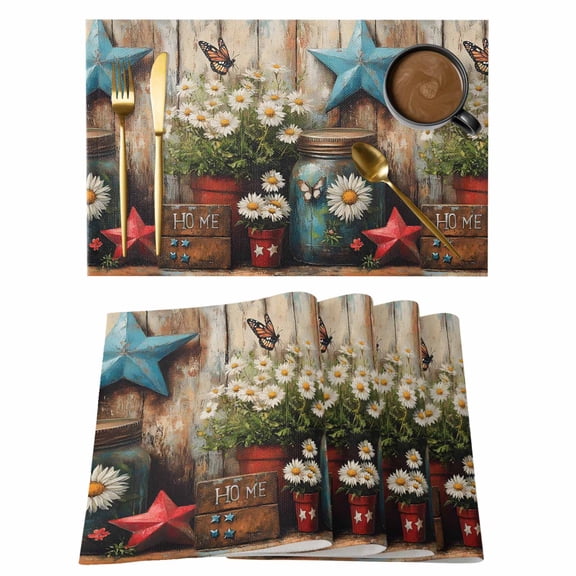 Daisy Country Star Placemats Set of 1, Vintage Flowers Butterfly Non-Slip Place Mats Washable Table Mats for Kitchen Dining Table Decorations Indoor/Outdoor