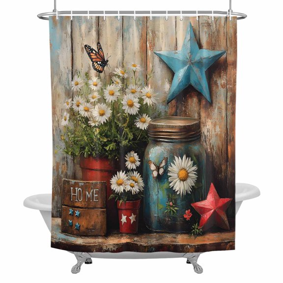 Daisy Country Star Shower Curtain for Bathroom, Vintage Flowers Butterfly Waterproof Cloth Fabric Bathroom Accessories Set with 12 Rust Proof Plastic Hooks, 66"x72"