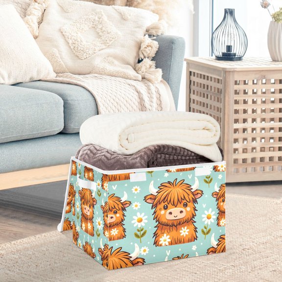 Daisy Cows Flowers Storage Basket Foldable Laundry Basket Shelf Kids Toy Storage Container Organizer with Handles