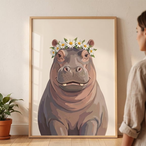 Daisy Crown Hippo Safari Wall Decor Unframed Paper Print