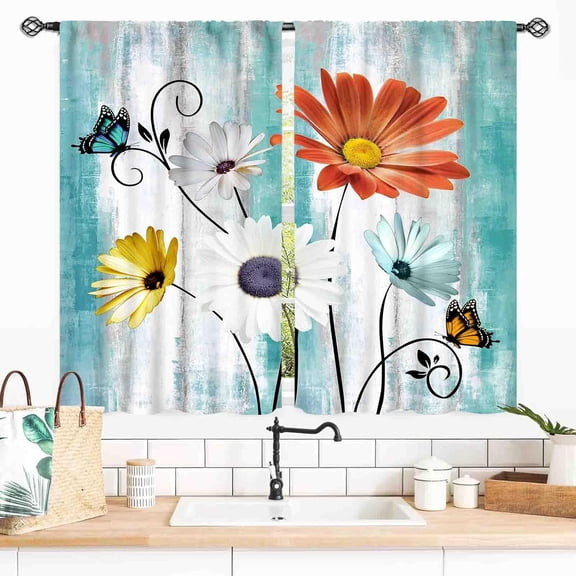 Daisy Curtains, Farmhouse Rustic Colorful Daisy Bright Flower Spring Butterfly Rural Country Seasonal Teal Window Drapery for Living Room Bedroom Kitchen Bathroom 2 Panels, 55x39 Inch