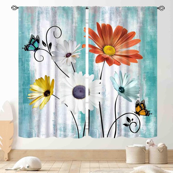 Daisy Curtains, Farmhouse Rustic Colorful Daisy Bright Flower Spring Butterfly Rural Country Seasonal Teal Window Drapery for Living Room Bedroom Kitchen Bathroom 2 Panels, 84"x63" Inch