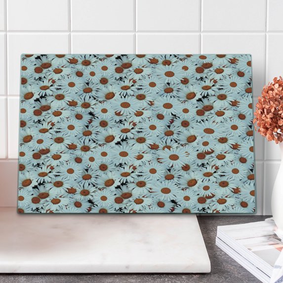 Daisy Cutting Board, Close up Photo of Delicate Spring Flowers Romantic Floral Fantasy Image, Decorative Tempered Glass Cutting and Serving Board, in 3 Sizes, by Ambesonne