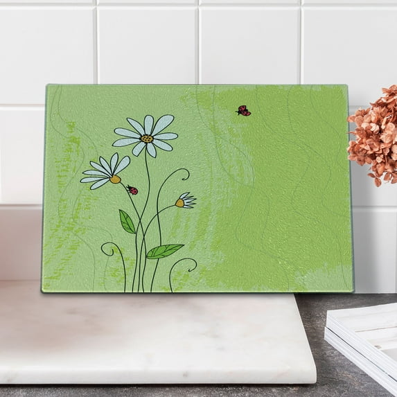 Daisy Cutting Board, Hand Drawn Style Chamomile Flowers Ladybugs and Grunge Look Graphic, Decorative Tempered Glass Cutting and Serving Board, Small Size, Multicolor, by Ambesonne