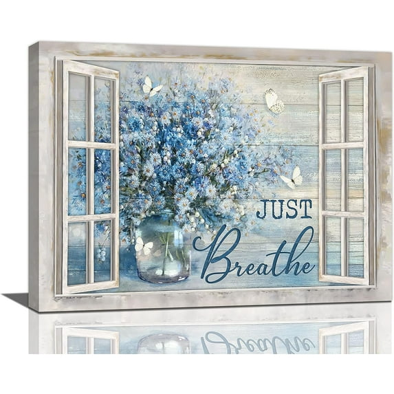 Daisy Decor Wall Art Rustic Blue Daisy Butterfly Pictures Wall Decor Christian Just Breath Canvas Prints Artwork Paintings Home Office Decorations For Bathroom Bedroom Living Room Framed 16"x12"