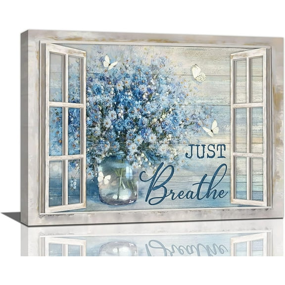 Daisy Decor Wall Art Rustic Blue Daisy Butterfly Pictures Wall Decor Christian Just Breath Canvas Prints Artwork Paintings Home Office Decorations For Bathroom Bedroom Living Room Framed 16"x12"