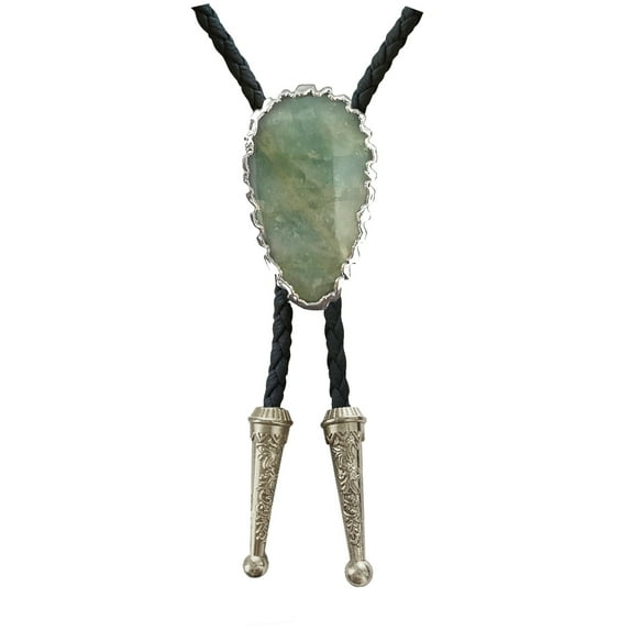 Daisy Del Sol Aquamarine Stone Bolo Tie Braided Vegan Faux Leather Silver Tips Handmade Necklace Adjustable Boho Bohemian Western Jewelry