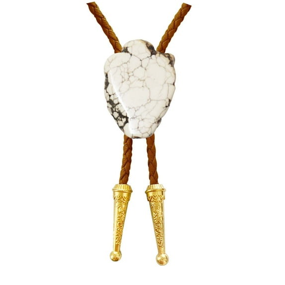 Daisy Del Sol White Howlite Stone Bolo Tie Braided Vegan Faux Leather Gold Tips Handmade Necklace Adjustable Boho Bohemian Western Jewelry