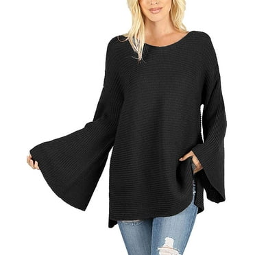 Daisy Del Sol Womens Warm Long Bell Sleeve Chunky Thick Knit Oversized Loose Fit High Boat Neck Tunic Pullover Sweater