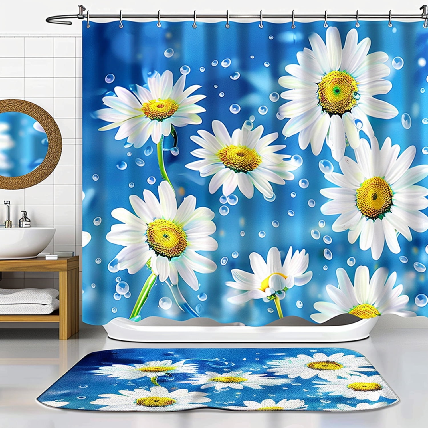 Daisy Delight Blue and White Bathroom Set Shower Curtain & Accessories