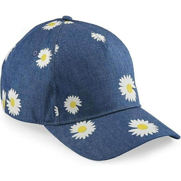 Daisy Denim Baseball Cap, Floral Printed Summer Hat for Women, Adjustable Navy Cotton Twill Sports Ball Cap
