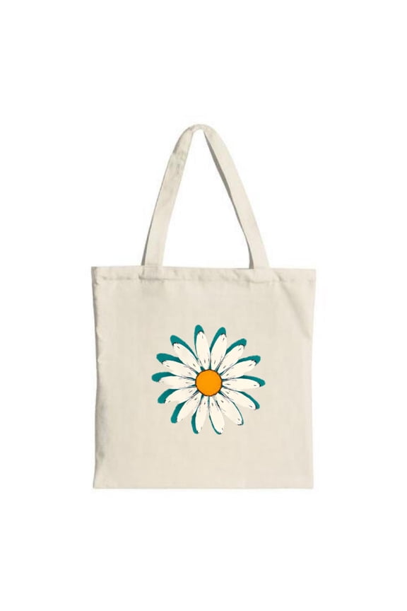 Daisy Design Tote Bag - Canvas Reusable Shopping Bag with Vibrant White Petals Yellow Center & Blue Outlined Petals Perfect for Travel & Parties