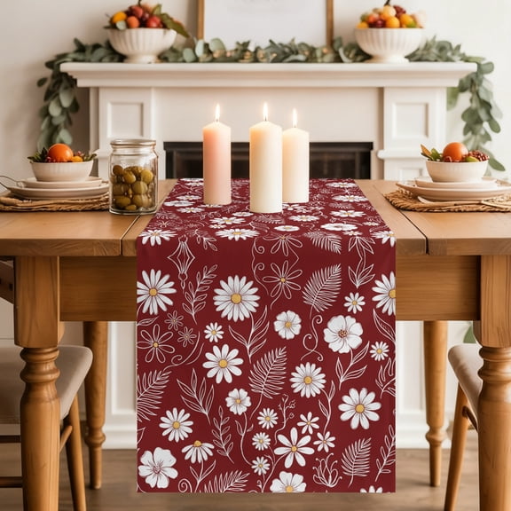 Daisy Dining Table Runner, Leaf Scrolls Red Background Vintage Washable Table Runners Kitchen Coffee Table Center Decor for Home Party Holiday Wedding 13 x 72 Inches