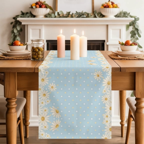 Daisy Dining Table Runner, Polka Dots Blue Background Summer Floral Washable Table Runners Kitchen Coffee Table Center Decor for Home Party Holiday Wedding 13 x 48 Inches