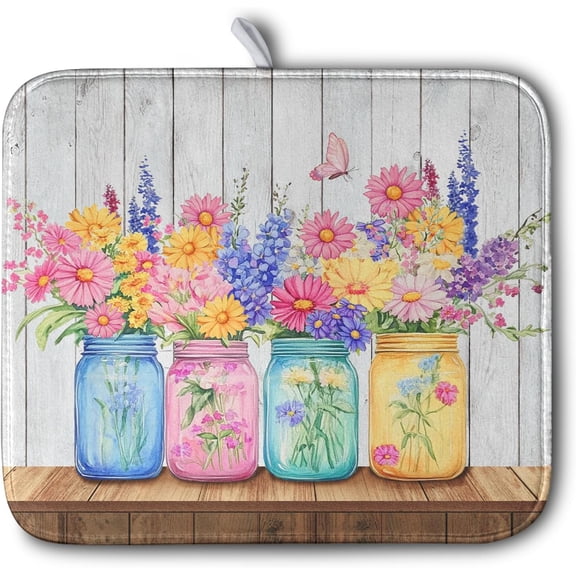 Daisy Dish Drying Mat for Kitchen Counter Spring Summer Flowers Vases Dishes Pad Microfiber Absorbent Dish Draining Mats Rustic Farmhouse Floral Wooden Board Dish Drainer Rack Mat 16x18 Inch