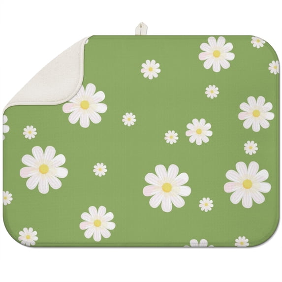 Daisy Dish Drying Mat for Kitchen Countertop Microfiber Absorbent Foldable Rack Pad Floral Spring Summer 18x24 Inch