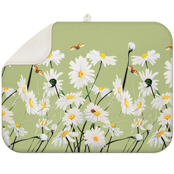 Daisy Dish Drying Mat for Kitchen Sink Area Microfiber Foldable Absorbent Rack Pad Floral Spring Summer 18x24 Inch