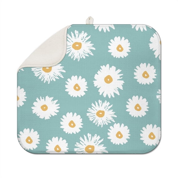 Daisy Dish Drying Pad Microfiber Rack Mat for Kitchen Countertop Foldable Floral Drainer Mat Absorbent Spring Summer 16x18 Inch
