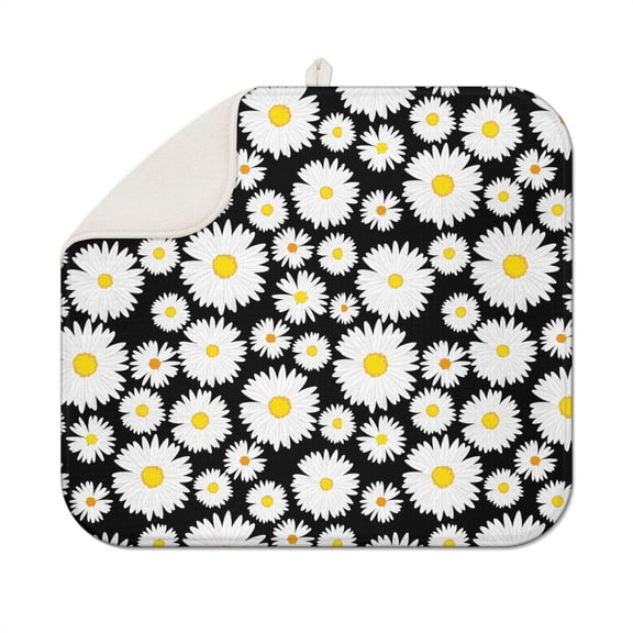 Daisy Dish Drying Rack Mat for Kitchen Microfiber Absorbent Pad Foldable Floral Counter Drainer Mat Spring Summer 16x18 Inch
