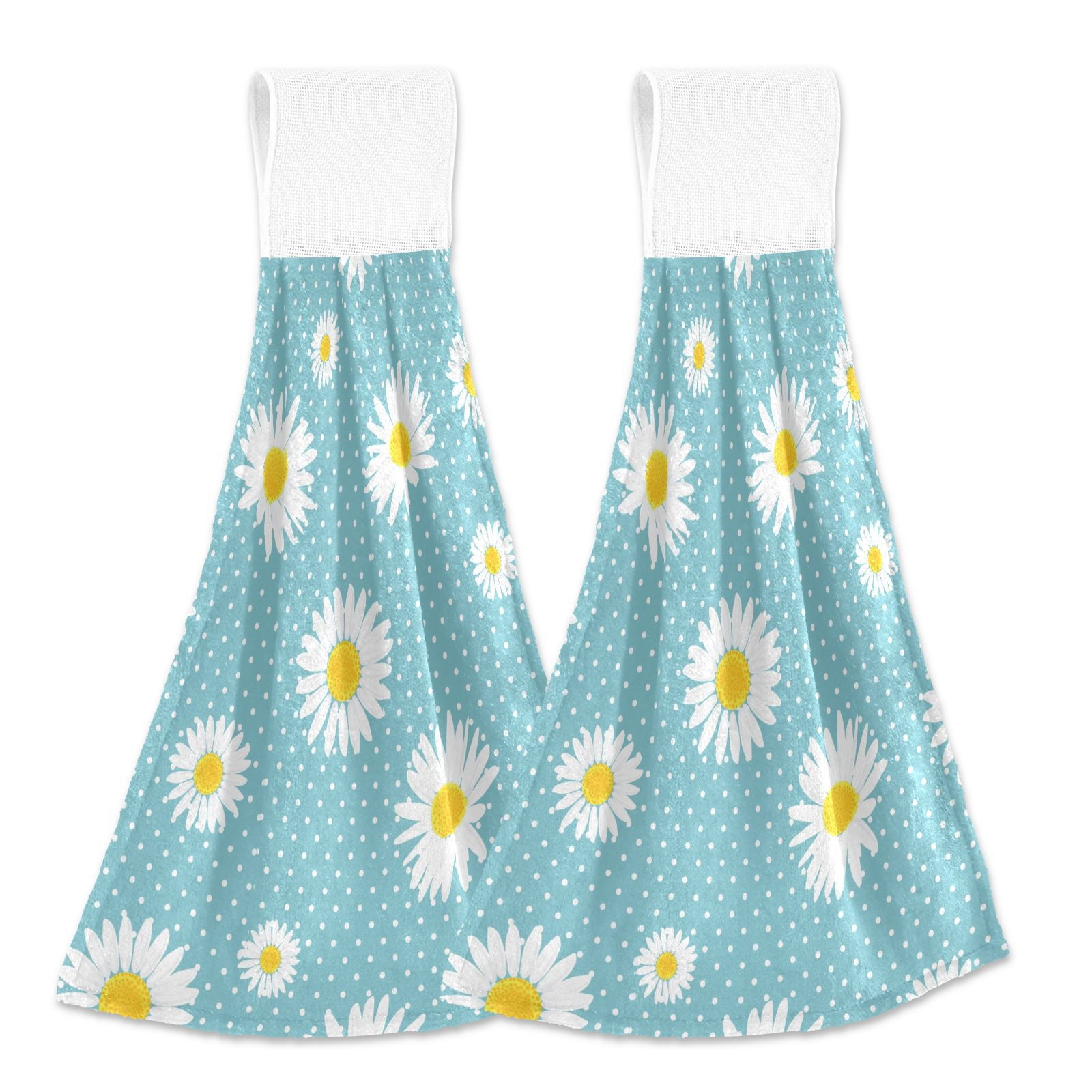 Daisy and Dots on Blue 2pcs Bathroom Hanging Towels Soft Hand Towel