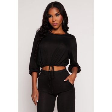 Womens Daisy Drawstring Hem Long Sleeve Crop Top