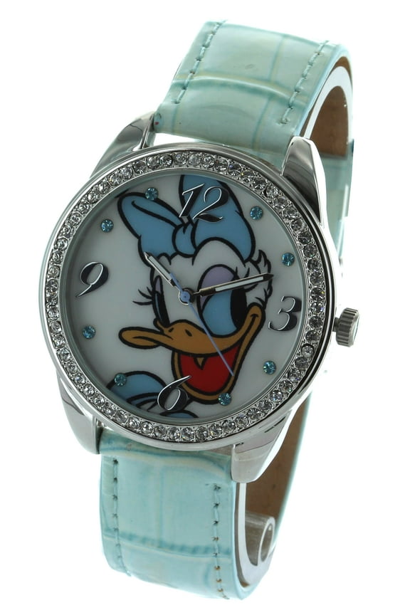 Daisy Duck Watch With Stone Bezel and Genuine Leather Strap