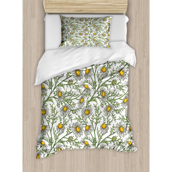 Daisy Duvet Cover Set, Chamomile Blossoms Field Flourishing Spring Petals in the Park Garden Motif, Decorative 2 Piece Bedding Set with 1 Pillow Shams, Twin Size, Orange Dust Green, by Ambesonne