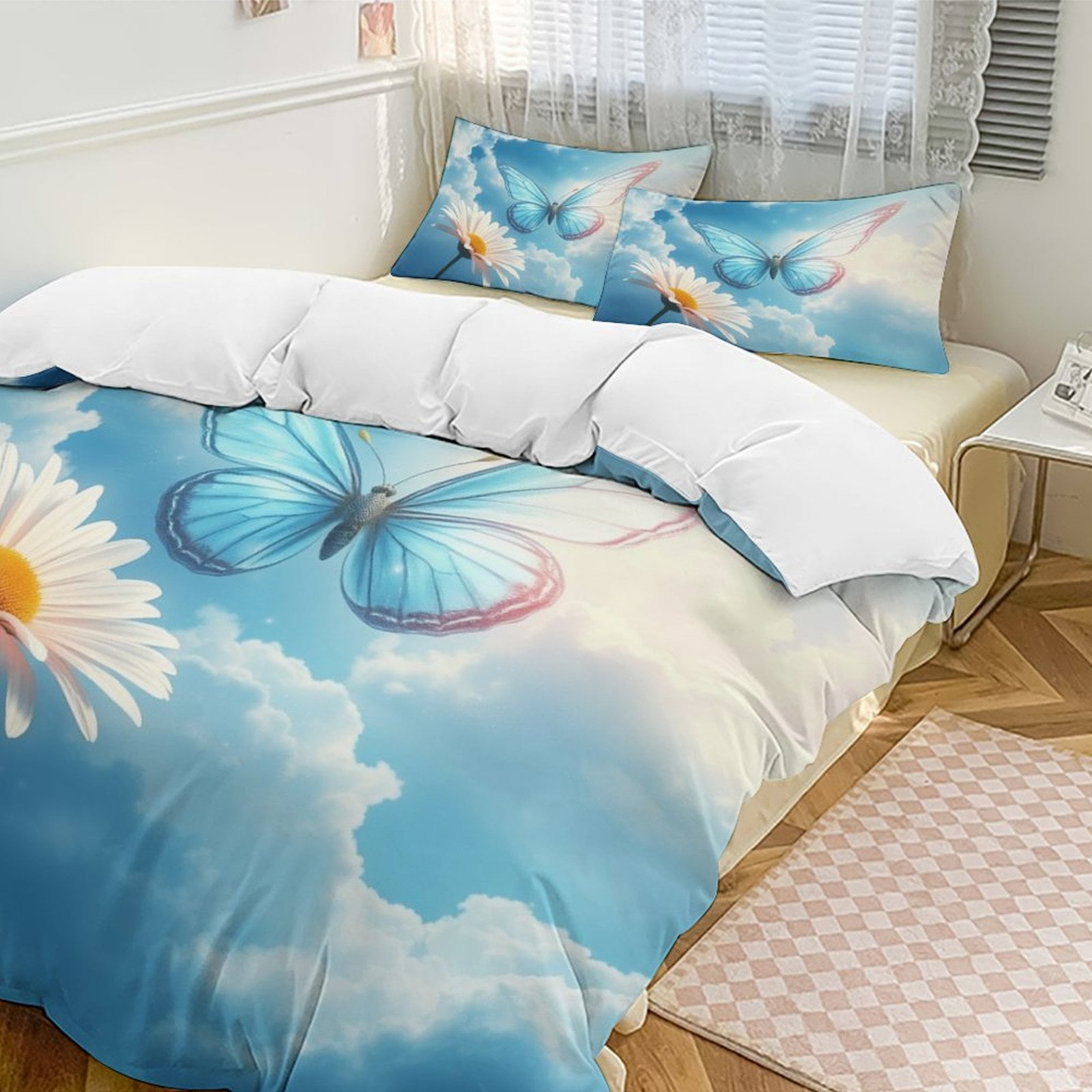 Feelyou Watercolor Flower Duvet Cover Queen Set - 3 Piece Poppy Meadow Bedding (Orange/Red/Green)