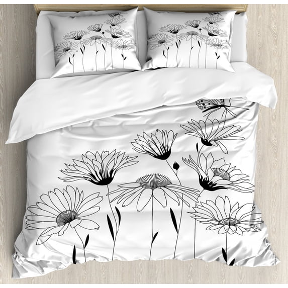 Daisy Duvet Cover Set Queen Size, Sketch Style Composition of Flowers and Butterfly Monochrome Flora and Fauna, Decorative 3 Piece Bedding Set with 2 Pillow Shams, Black and White, by Ambesonne