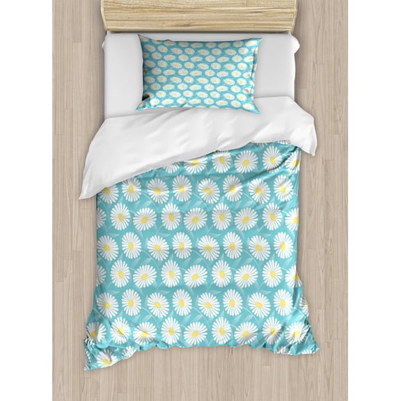 Daisy Duvet Cover Set, Repetitive Spring Season Themed Pattern of Scattered Flourishing Flowers, Decorative 2 Piece Bedding Set with 1 Pillow Shams, Twin Size, Pale Blue and Mustard, by Ambesonne