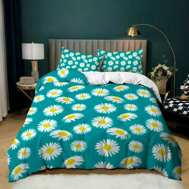 Daisy Duvet Cover Set White Daisy Flower Pattern Print Duvet Cover Microfiber Floral Duvet Cover Full/ with Zipper Closure