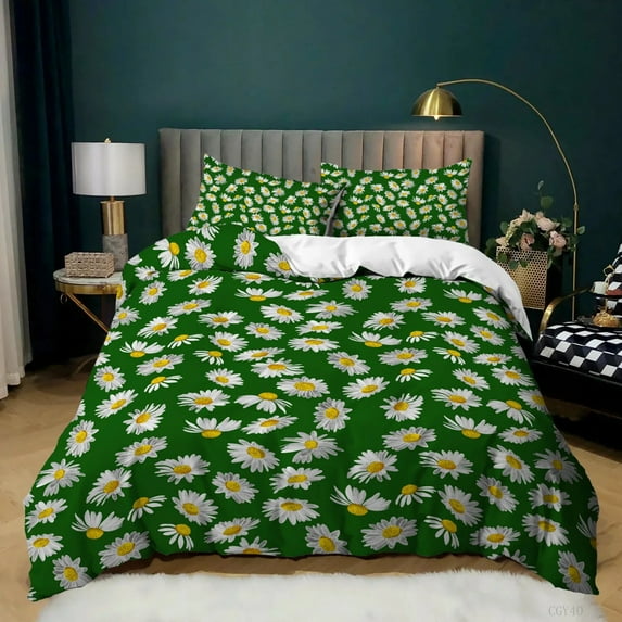 Daisy Duvet Cover Set White Daisy Flower Pattern Print Duvet Cover Microfiber Floral Duvet Cover Full/ with Zipper Closure