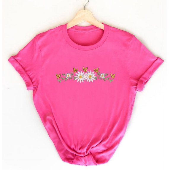 Daisy Embroidered T-Shirt, Floral Butterfly Tee, Spring Cottagecore Aesthetic Shirt, Minimalist Summer Top