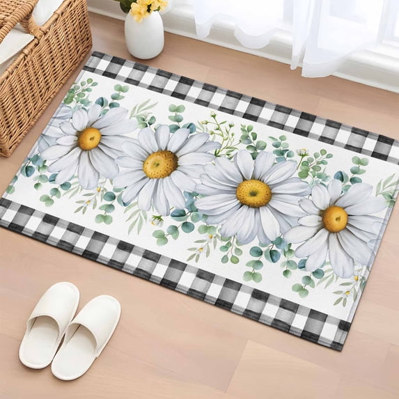 Daisy Entryway Rug 2'x3' Non Slip Front Door Mats, Spring Floral Black Plaid Eucalyptus Leaves Entrance Rugs Indoor Outdoor Carpet, Washable Floor Mats Small Area Rug for Bedroom Kitchen