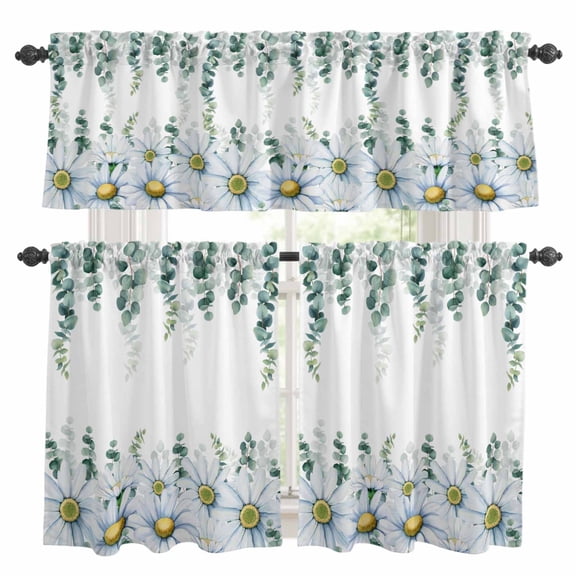 Daisy Eucalyptus Kitchen Curtains Sets for Windows 36 Inch Length, Farmhouse Weeping Botanical Rod Pocket Window Treatments Tier Curtains and Valances Set for Bedroom/Bathroom