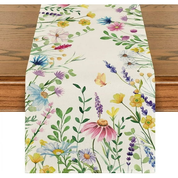 Daisy Eucalyptus Lavender Floral Leaves Summer Table Runner, Spring Kitchen Dining Table Decoration for Home Party Decor 13x48 Inch