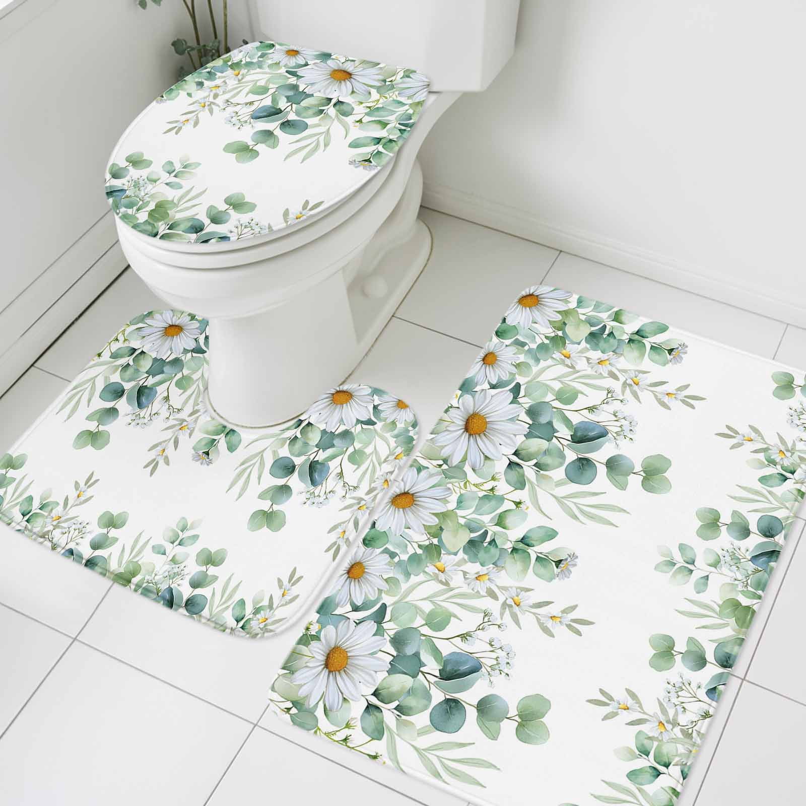 Daisy Eucalyptus Leaf Bathroom Rugs Set Summer Spring Flower Watercolor ...