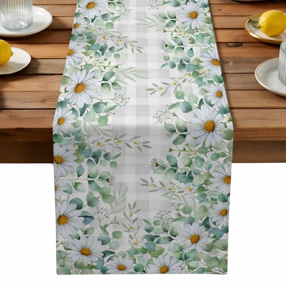 Daisy Eucalyptus Leaf Table Runner, Summer Flower Gray Plaid Washable Kitchen Table Runners Dress Scarves for Dining Table Decorations Party, 13x36in