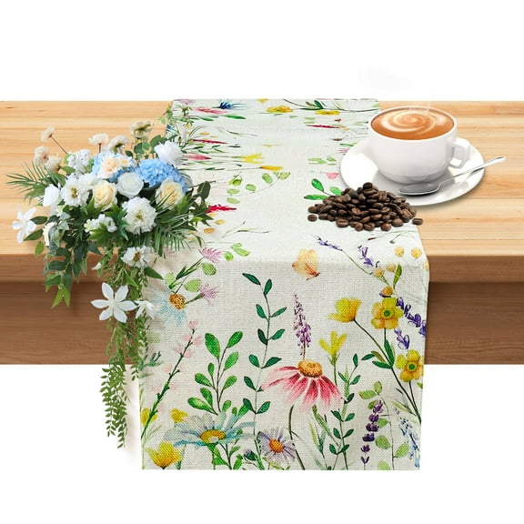 Daisy Eucalyptus Leaves Floral Table Runner, 12.9 x 72 Inch Dining Room Runner for Table Top, Spring Seasonal Kitchen Tablecloth for Party Decoration Indoor Outdoor Home Supply