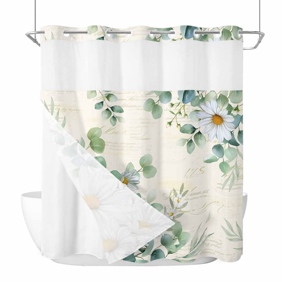 Daisy Eucalyptus Leaves No Hook Shower Curtain with Snap in Liner Floral Spring Vintage Countryside Waterproof Bathroom Shower Curtain with See Through Top Window for Bathtub 72" x 78"