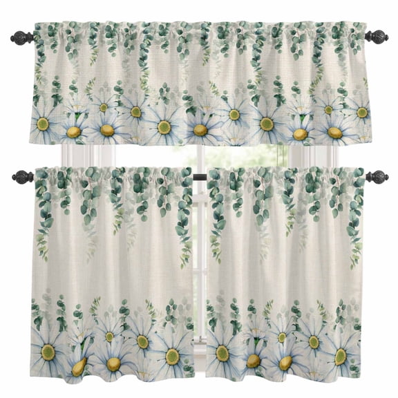 Daisy Eucalyptus Leaves Kitchen Curtains Sets for Windows 24 Inch Length, Rustic Weeping Botanical Linen Rod Pocket Window Treatments Tier Curtains and Valances Set for Bedroom/Bathroom