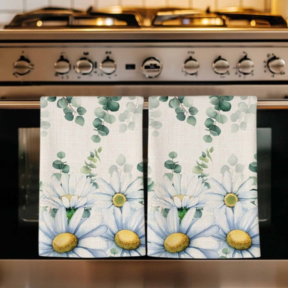 Daisy Eucalyptus Leaves Kitchen Towels Set of 4, Rustic Weeping Botanical Linen Absorbent Dish Towels for Kitchen, Microfiber Hand Towel, Quick Drying Tea Towel for Cleaning Decorative Dishcloths