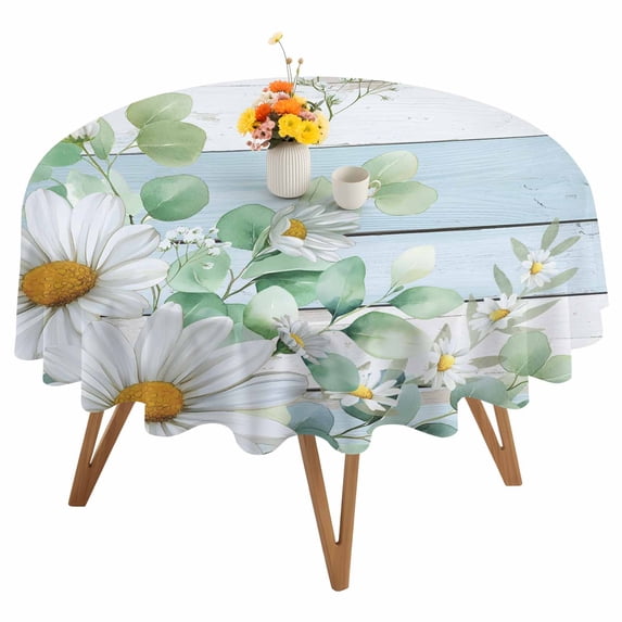 Daisy Eucalyptus Leaves Round Tablecloth 60 inches Blue Wood Grain Spring Countryside Waterproof Oil-Proof Table Cloth Round Table Cover for Holiday Party Picnic Dinner Decor Indoor and Outdoor Use